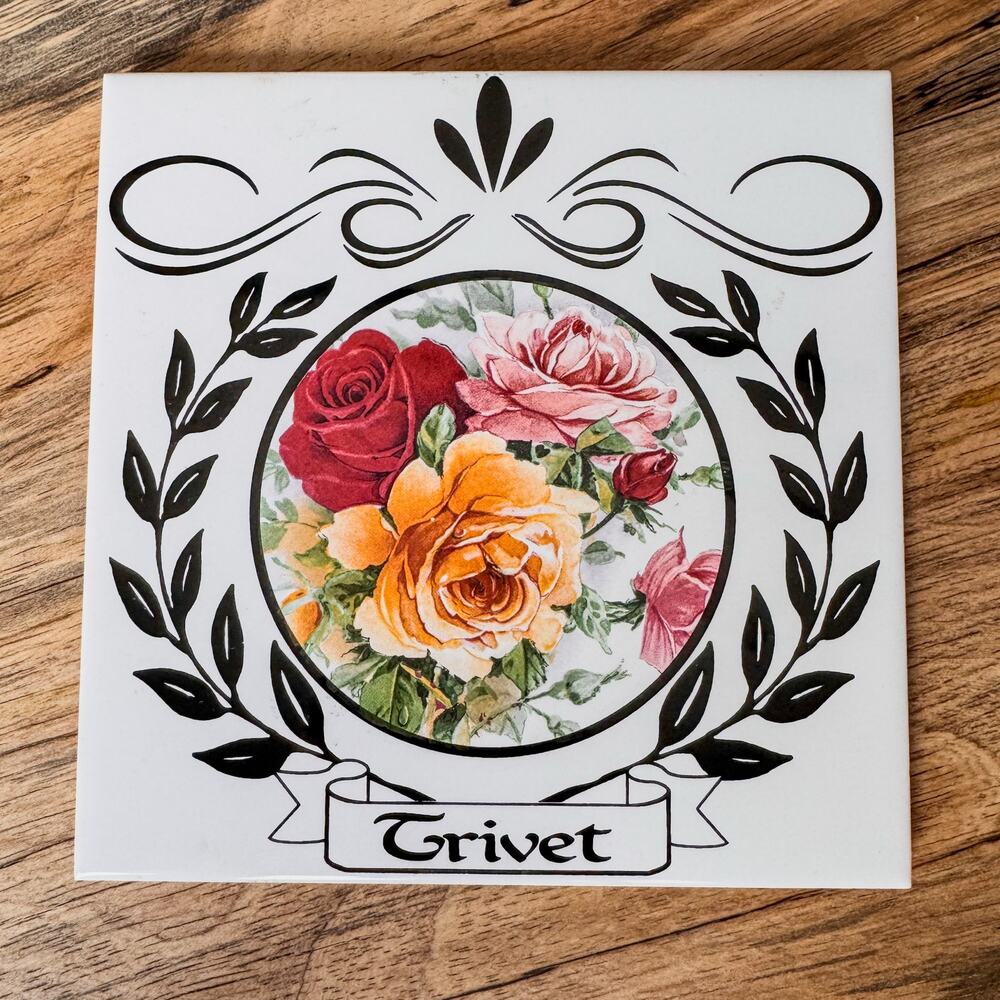 1960’s Vintage Kiln Fired TileCraft Trivet, Gorgeous Deep Toned Roses, 6”